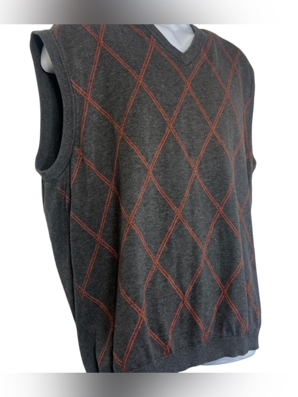 Ashworth Argyle Sweater Vest XL Gray Orange 100% Cotton Golfcore Preppy - Picture 2 of 10